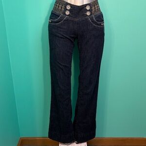 Jolt Dark Blue Flare Jeans with Patterned stretch Waistband